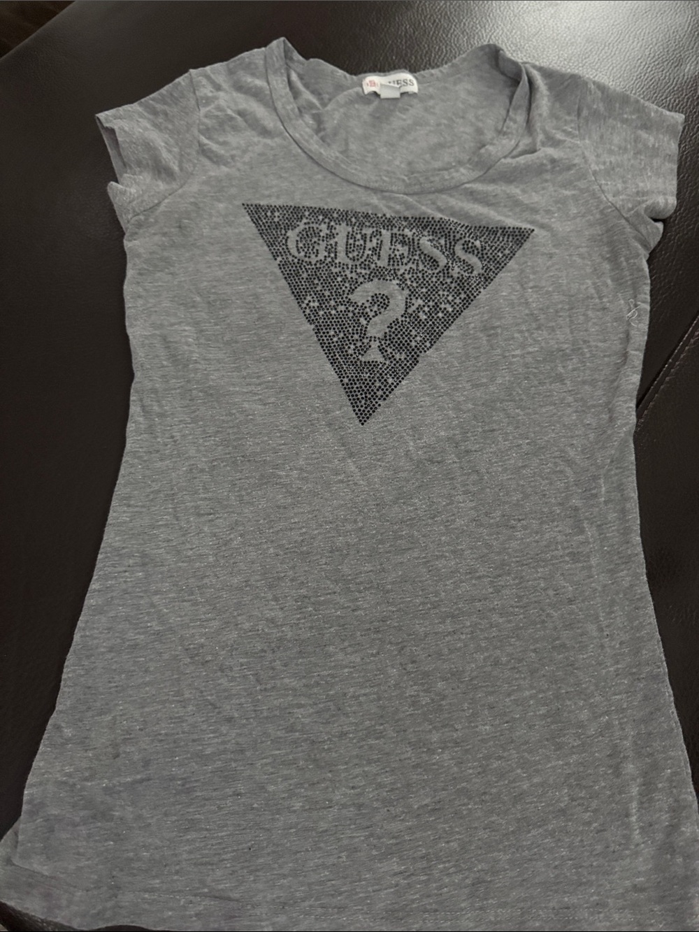 GUESS Gray Short Sleeve Logo Tee with Rhinestone Triangle